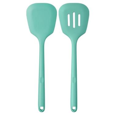 Imagem de U-Taste Espátula de silicone resistente ao calor de 34,5 cm de comprimento, sólido e com fenda, utensílio de cozinha flexível largo e grande para virar ovos, panquecas, biscoitos (Aqua Sky, 2 peças)