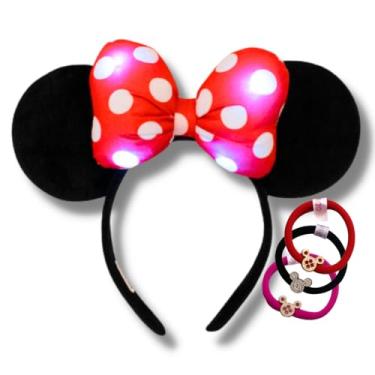 Imagem de Tiara Minnie Orelha KIT Arquinho Arco Diadema Orelhinha Coroa Brilhante + 1 Elastico de Cabelo (LED)