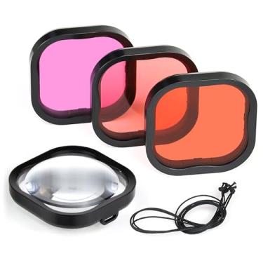 Imagem de GEPULY Pacote com 4 filtros de mergulho subaquáticos para GoPro Hero 8 9 10 11 12 capa preta oficial à prova d'água em vermelho, vermelho claro, magenta e filtros de close-up 5X para correção de cor