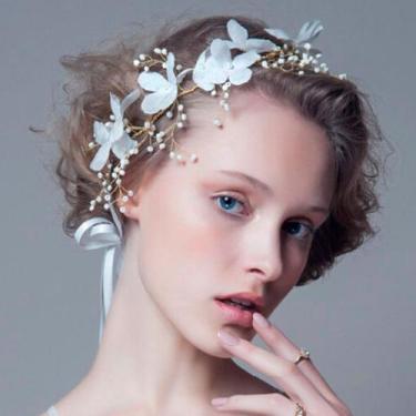 Imagem de Tiara Arranjo Cabelo Noiva Pérola Fio Strass Dourado Flor - anjo da ma