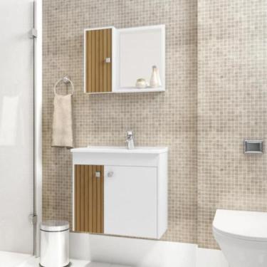 Imagem de Conjunto Gabinete e Espelheira Colmar Branco Ripado  - Mais de Casa