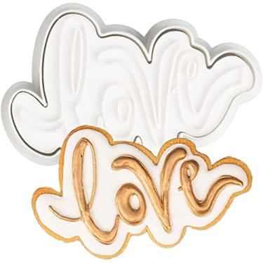 Imagem de Flycalf Cortadores de biscoito amor com carimbo 3D ecológico PLA decoração de bolo de cozinha formatos de script de amor para crianças de 7,6 cm assar carimbos em relevo suprimentos de molde ferramentas de fondant de biscoito