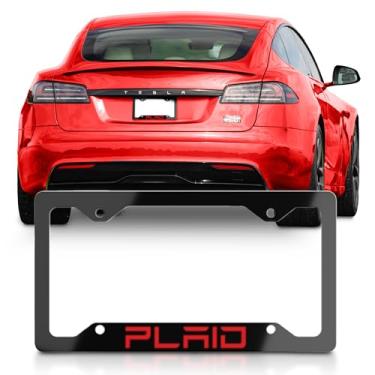 Imagem de Autoterium Moldura de placa de licença para Tesla Model S xadrez, fonte Tesla, alumínio fino durável preto (vermelho)
