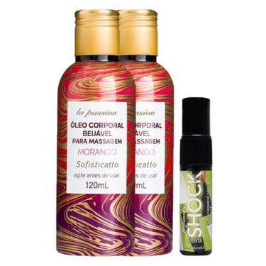 Imagem de Kit 2 Óleo beijável Morango Massagem + 1 Óleo Spray Shock Plus Menta S
