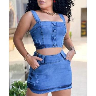 Imagem de Conjunto feminino saia curta e croppet jeans laycra - TRÊS CORAÇÕES, A
