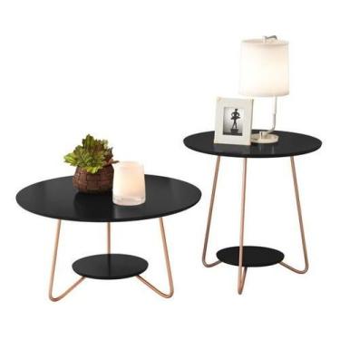 Imagem de Mesinha Centro + Mesa Lateral Mdf Pés Ferro Retrô Cor Preto - EJ Móvei