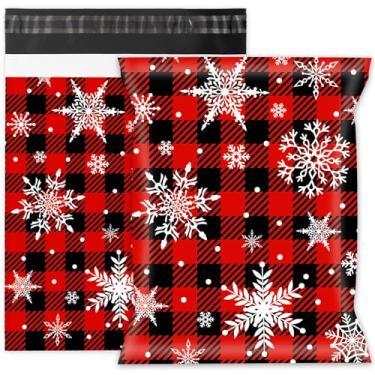 Imagem de Whaline 100 peças de inverno floco de neve poliéster 10 x 13 polegadas vermelho preto buffalo, xadrez, sacos de correio autovedantes, embalagens de plástico para pequenas empresas de Natal