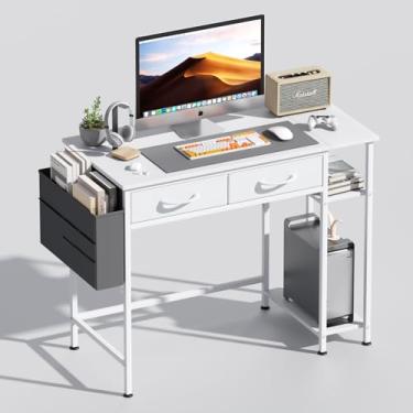 Imagem de COOLBEBE Mesa de computador com gavetas para espaços pequenos, mesa de escritório branca de 101 cm com prateleiras de armazenamento e bolsa lateral para quarto, mesa de trabalho de escrita de 101 m