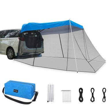Imagem de G4Free Toldo de carro abrigo solar com rede mosquiteira, tenda SUV portátil, toldo traseiro, toldo de carro para acampamento ao ar livre, viagens (azul)