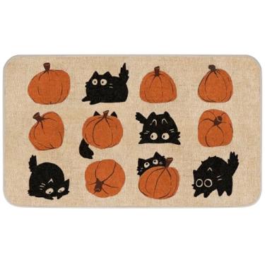 Imagem de Whaline Capacho de Halloween preto gato abóbora tapete de porta com borracha antiderrapante traseira retangular tapete para interior exterior casa cozinha entrada varanda, 43 x 73 centímetros