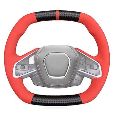 Imagem de MEWANT Capa de volante de carro de camurça costurada à mão para Chevrolet Stingray Z06 Corvette (C8) 2020-2022 Acessórios de volante para Corvette (C8)