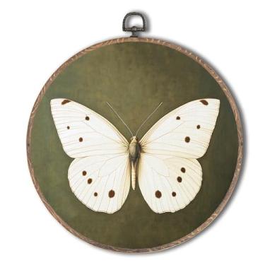 Imagem de Tzhim Decoração de parede redonda de borboleta branca vintage, arte de parede com núcleo de casa de campo escuro emoldurada, esculturas de parede de borboleta verde sálvia para decoração de casa,