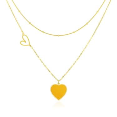 Imagem de Linawe Colar gargantilha de camada dupla com pingente de coração colar de corrente multicamadas amor eterno colar de coração conjunto de colar de ouro 14 k colar de corrente empilhada colar longo feminino meninas rainha coração bijuteria funky declaração colar bonito, Yellow Gold, Acrílico Plástico 