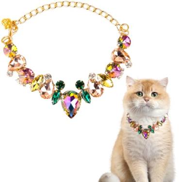 Imagem de HOWWFALY Coleira de cachorro e coleira de gato, corrente dourada, aço inoxidável, ajustável, com diamantes multicoloridos, coleira com pata fofa para animais de estimação pequenos, médios, gatos,