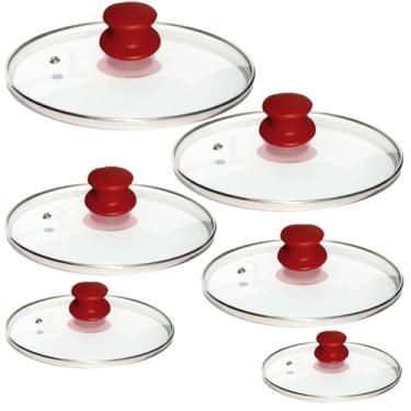 Imagem de Kit 6 Tampas 12,14,16,18,20 e 22cm de vidro temperado para panelas frigideiras com pomel puxador (Pomel de baquelite vermelho)