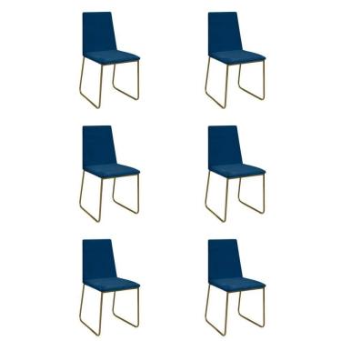 Imagem de Kit 6 Cadeiras De Jantar Cozinha Industrial Lexa Veludo Élpis Móveis Azul Marinho Dourada