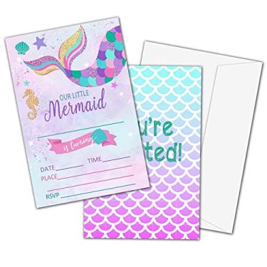 Imagem de Cartões de convite de festa de aniversário para crianças, convites de festa, cartões para meninas e meninos, celebração de festa para adolescentes, cartões de vida marinha de sereia, 20 cartões