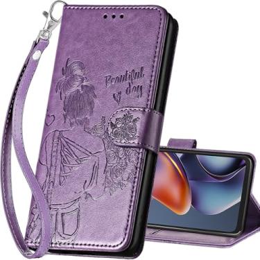 Imagem de SASYMALY Capa carteira para Motorola Moto G 5G 2025, capa flip com suporte para mulheres e homens, capa de telefone de couro PU adequada para Motorola Moto G 5G 2025 [roxo-menina]