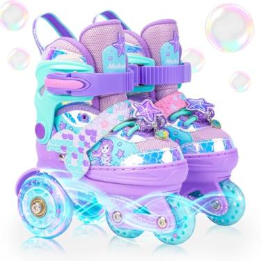 Imagem de Patins de sereia para meninas crianças 5-8 8-12, Mosoulais 4 tamanhos ajustáveis de três pontos patins com rodas iluminadas, patins para iniciantes para presentes de aniversário de Natal, patins para