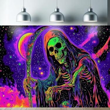 Imagem de Starlit Patio Tapeçaria de caveira de luz negra que brilha no escuro UV reativo Ceifador de parede tapeçaria de esqueleto triplo pôster de arte gótica para quarto sala de estar dormitório decoração