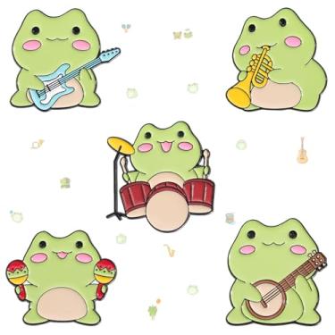 Imagem de JHCHUYI Conjunto de 5 peças de pinos esmaltados de banda de sapo fofo (guitarra, bateria, baixo, trompete, maracas), alfinete de lapela, emblemas engraçados de banda de desenho animado para jaquetas,