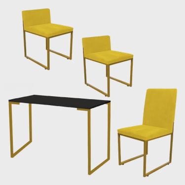 Imagem de Kit Mesa Escrivaninha com Cadeira Stan e 2 Poltronas Lee Tampo Preto Ferro Dourado Tecido Sintético Amarelo - Ahz Móveis