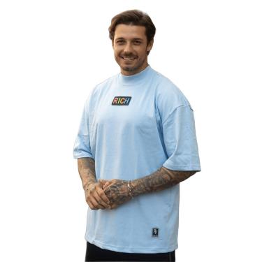 Imagem de Camiseta Oversized Gola Alta Borracha Colorida Streetwear Confortavel Masculina Azul Claro-Masculino