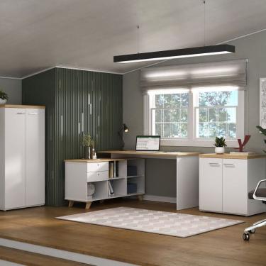 Imagem de Conjunto Escritório Completo Escrivaninha Em L Gold Com Armário Alto E Balcão Baixo Toq Artany Olmo/Branco