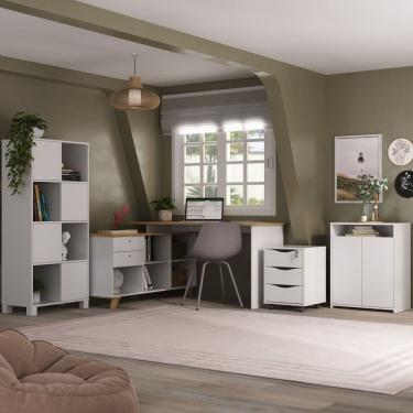 Imagem de Conjunto Escritório 4 Peças Escrivaninha Em L Armário Alto Gaveteiro E Balcão Gold Artany Olmo/Branco