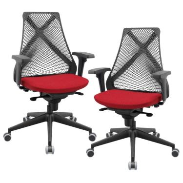 Imagem de Kit 02 Cadeiras De Escritório Giratória Presidente Unix P03 Tela Cinza Crepe Vermelho - Lyam Decor