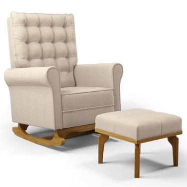 Imagem de Poltrona De Amamentação Balanço E Puff Base De Madeira Brenda G05 Linho Creme - Mpozenato