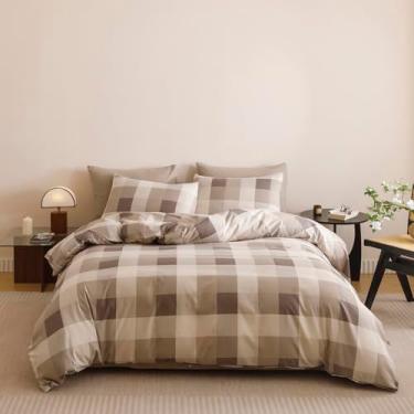 Imagem de Wellboo Conjunto de edredom xadrez bege, tamanho casal, marrom claro e cinza-acastanhado, edredom moderno, cáqui, quadriculado, cobertores, mulheres, homens, bege, cama geométrica macia e luxuosa