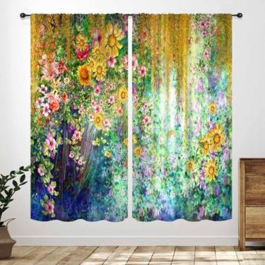 Imagem de Cortinas florais de primavera, aquarela colorida boêmia, plantas naturais, flores, tratamentos de janela, cortinas para quarto, sala de estar, banheiro, 53 cm L x 114 cm, 2 painéis