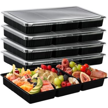 Imagem de 5 bandejas grandes de catering divididas com tampas, 35 x 19 x 4 cm, bandeja de charcutaria com tampa, travessas para lanches, frutas, biscoitos, sobremesas