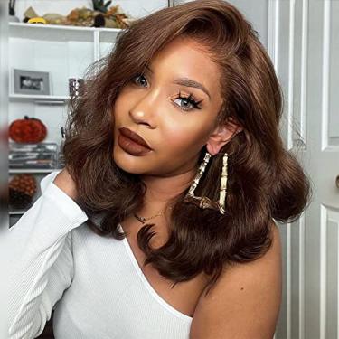 Imagem de ANDRIA 13X4 Hd Lace Front Wigs Pré-Selecionados Linha Do Cabelo 16" Body Wave Chocolate Sem Cola Frontal Com De Bebê Peruca Bob Curta 200% Densidade Solta Encaracolada Fechamento