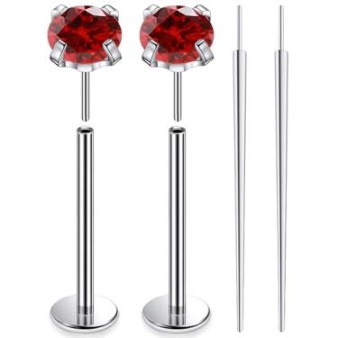 Imagem de Ruifan ASTM F136 titânio bochecha piercing barra joias sem rosca push in flat back língua anéis vermelho zircônia cúbica sólido titânio labret piercing corporal joias para mulheres homens 14G 16 mm