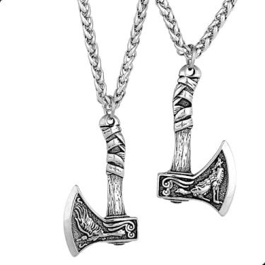 Imagem de Colar Masculino Pingente Machado de Thor em Aço Inox – Cordão Viking com Lobo Fenrir e Corvos de Odin da Mitologia Nórdica – Amuleto de Proteção Para Presente Com Significado, Acessório Tribal