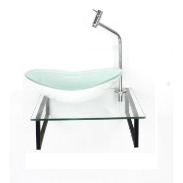 Imagem de Kit Cuba Vidro Oval 10Mm Branca Tampo 40Cm Incolor Suporte - Cubas E G