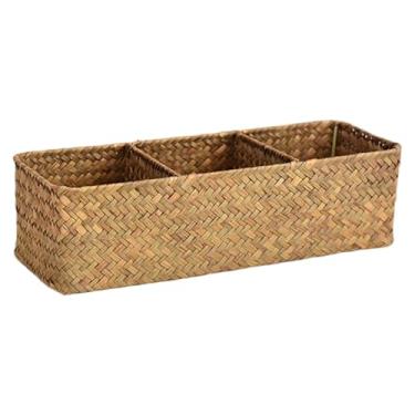 Imagem de Cesta de vime com alça retrô, 3 compartimentos, 33 x 12 x 10 cm, recipiente de armazenamento de tecido para cosméticos, chaves, joias e