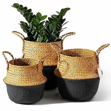 Imagem de Conjunto de 3 cestas de plantas de alga marinha com alças feitas à mão com 3 tamanhos diferentes, cesta de armazenamento doméstico grande para lavanderia, piquenique, planta, panela, cesta de palha (P