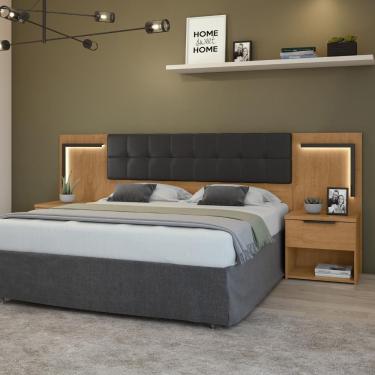 Imagem de Cabeceira Box Lopas Calitan Tecido Korino Preto C/led Amêndoa Clean/preto Fosco