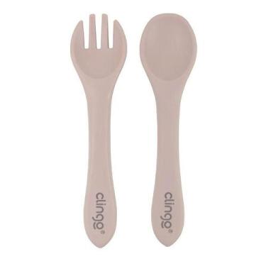 Imagem de Kit Garfo e Colher Infantil Silicone Rosa Bebê - CLINGO
