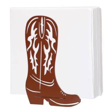 Imagem de CroBlissful Porta-guardanapos de metal ocidental Suporte de guardanapo de bota de cowboy para mesa cozinha dispensador de casa de fazenda suporte de papel rústico em pé marrom para decoração de festa
