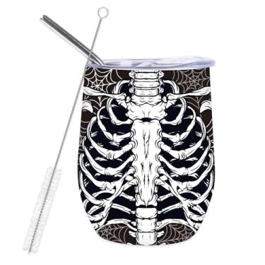 Imagem de Whaline Copo de vinho de aço inoxidável para Halloween com canudo e tampa, teia de aranha, caneca de café, preto, branco, isolado para bebidas quentes e frias