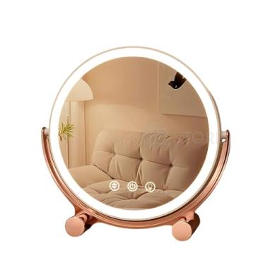 Imagem de Espelho de Mesa Luzes LED em 3 Cores Recarregável Luxuoso para Maquiagem Penteadeira Regulável Redondo Rose Gold