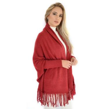 Imagem de Casaco Feminino Tricô Capa Kimono Tricot com Franjas Livora, Vermelho,
