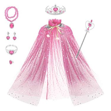 Imagem de Conjunto de capa de princesa Fedio com 7 peças, capa de princesa para meninas com coroa de tiara, varinha para meninas pequenas vestido rosa