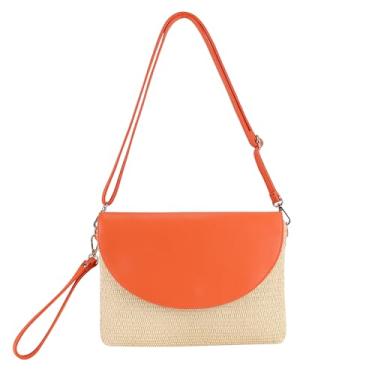 Imagem de Bolsa de ombro feminina de palha casual para praia, Laranja, One Size, Bolsa de ombro