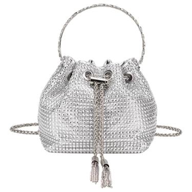 Imagem de DODAMOUR Bolsa balde com cordão de strass com borla e alça de corrente, mini bolsa de ombro ou bolsa de luxo portátil, bolsa noturna brilhante para casamentos, festas ou eventos formais (prata)