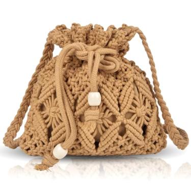 Imagem de QZUnique Bolsa balde de palha para mulheres – Bolsa de mão boho de crochê bolsa transversal bolsa transversal macramê malha ombro clutch verão férias